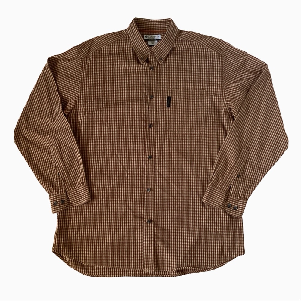 Columbia long Sleeve Cotton Button-Down in Rust, Brown and Tan Plaid . Sz XL
